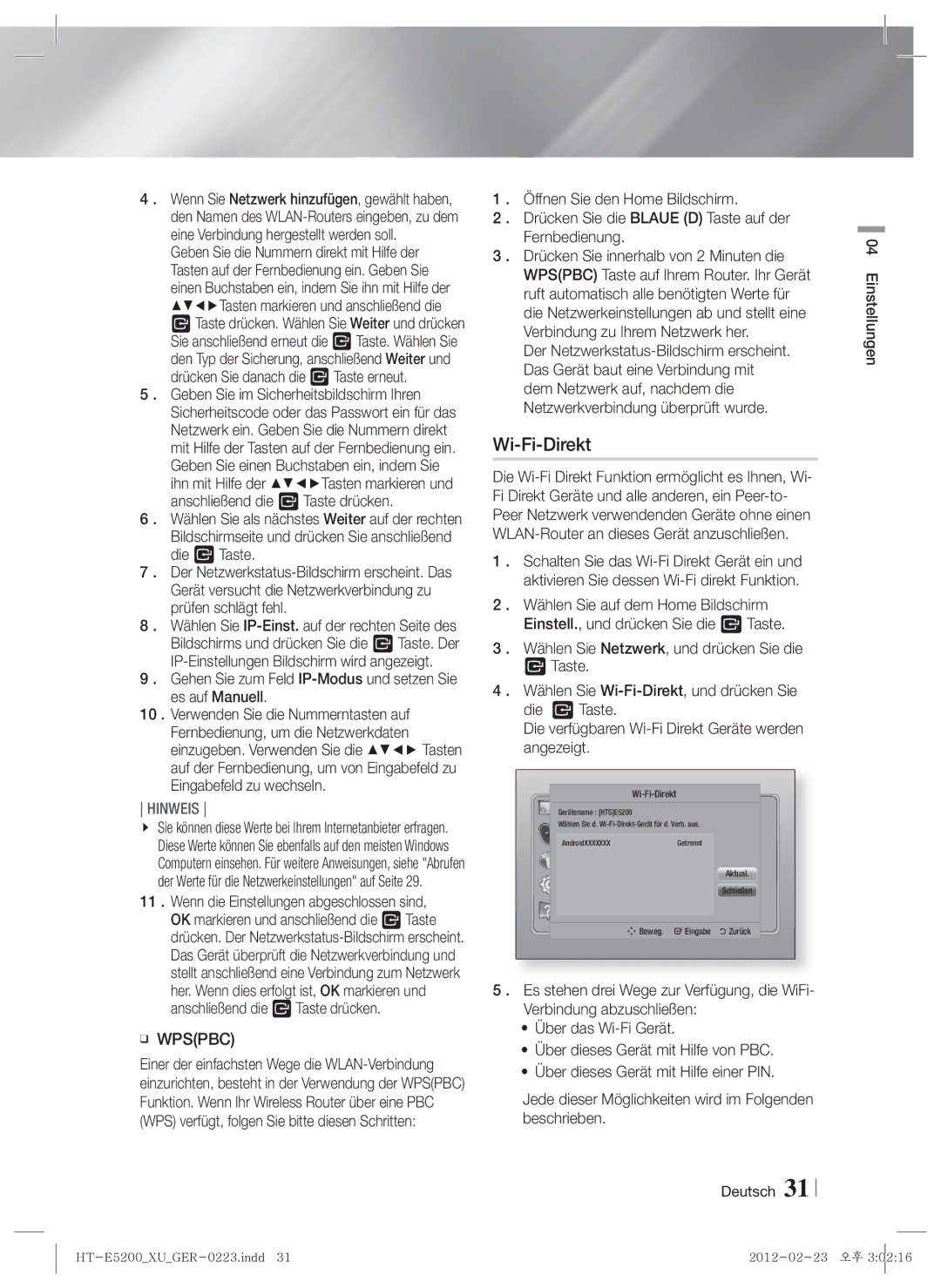 Samsung HT-E5200/XN, HT-E5200/EN, HT-E5200/ZF manual Wi-Fi-Direkt 