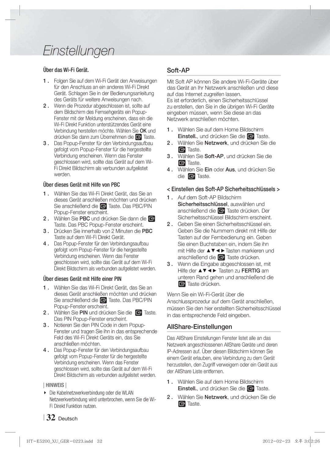 Samsung HT-E5200/EN, HT-E5200/XN, HT-E5200/ZF manual AllShare-Einstellungen, Einstellen des Soft-AP Sicherheitsschlüssels 