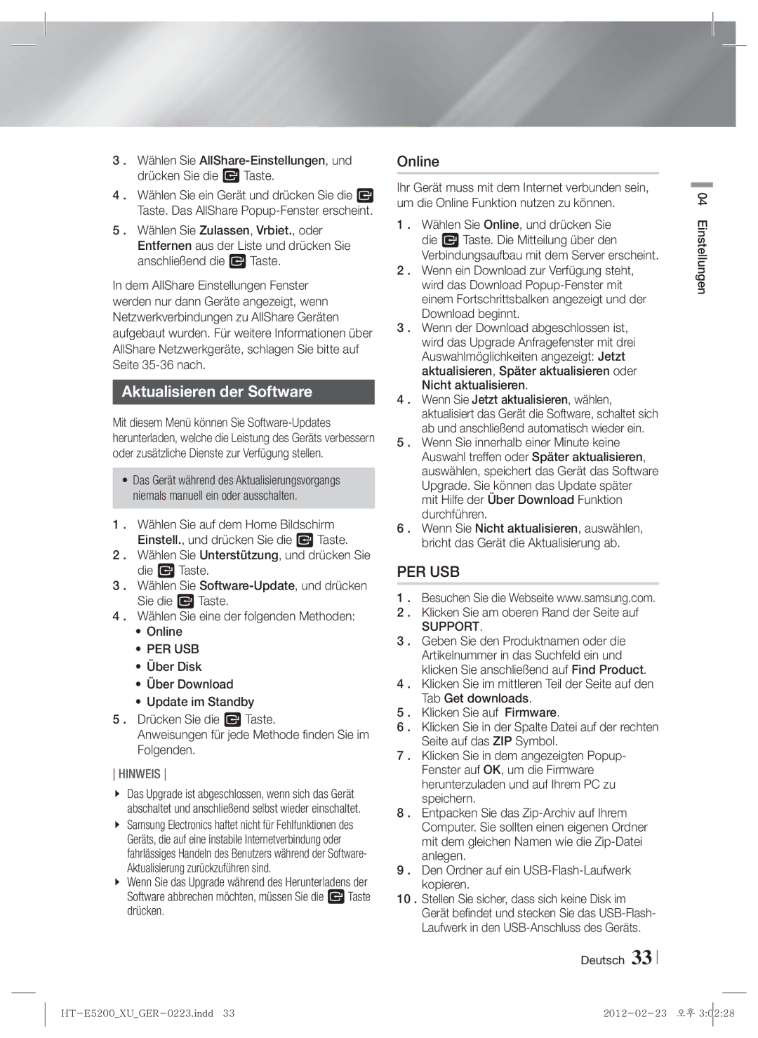 Samsung HT-E5200/ZF, HT-E5200/XN Aktualisieren der Software, Per Usb, Mit Hilfe der Über Download Funktion durchführen 