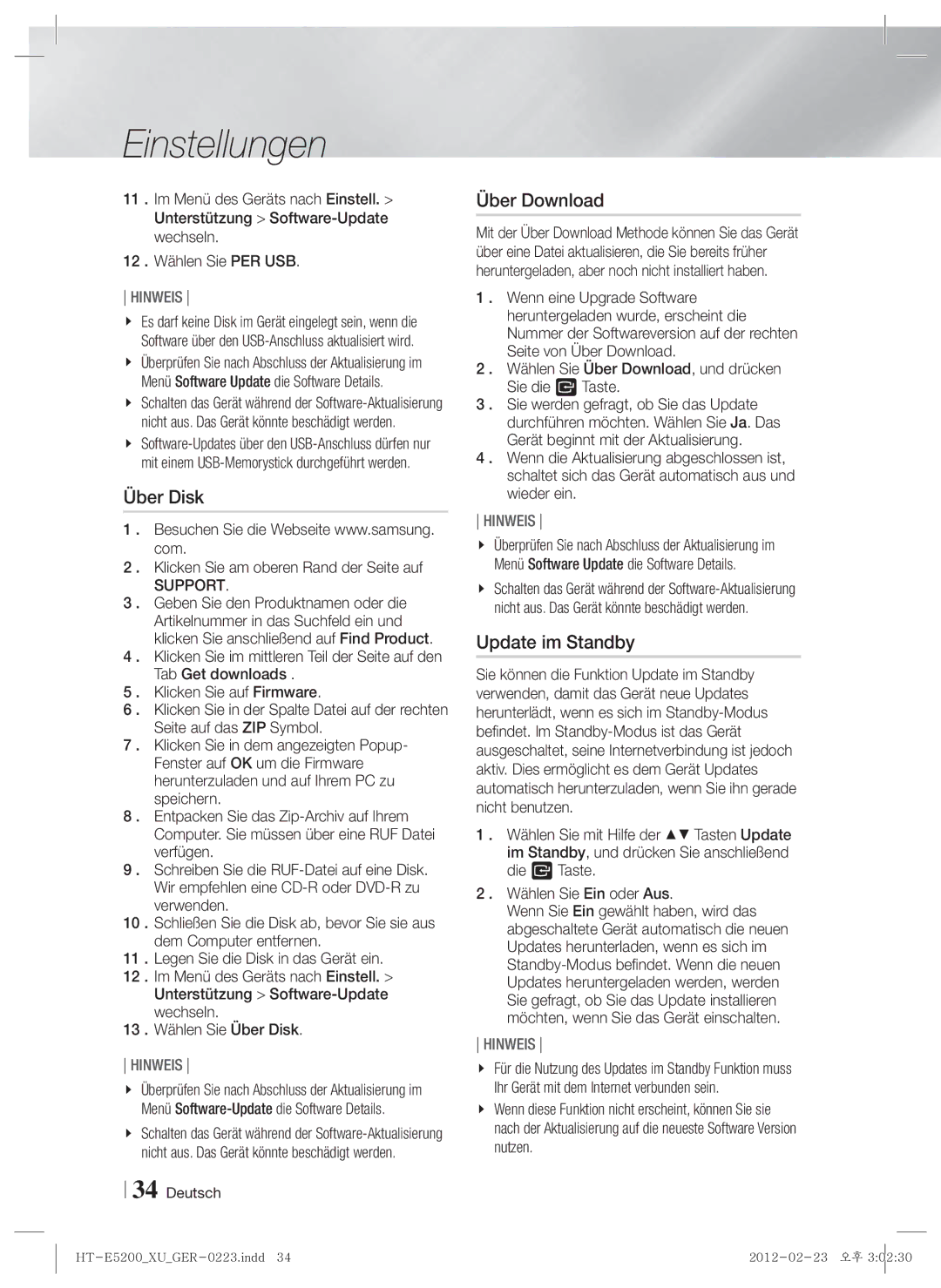 Samsung HT-E5200/XN, HT-E5200/EN Über Disk, Über Download, Update im Standby, Klicken Sie am oberen Rand der Seite auf 