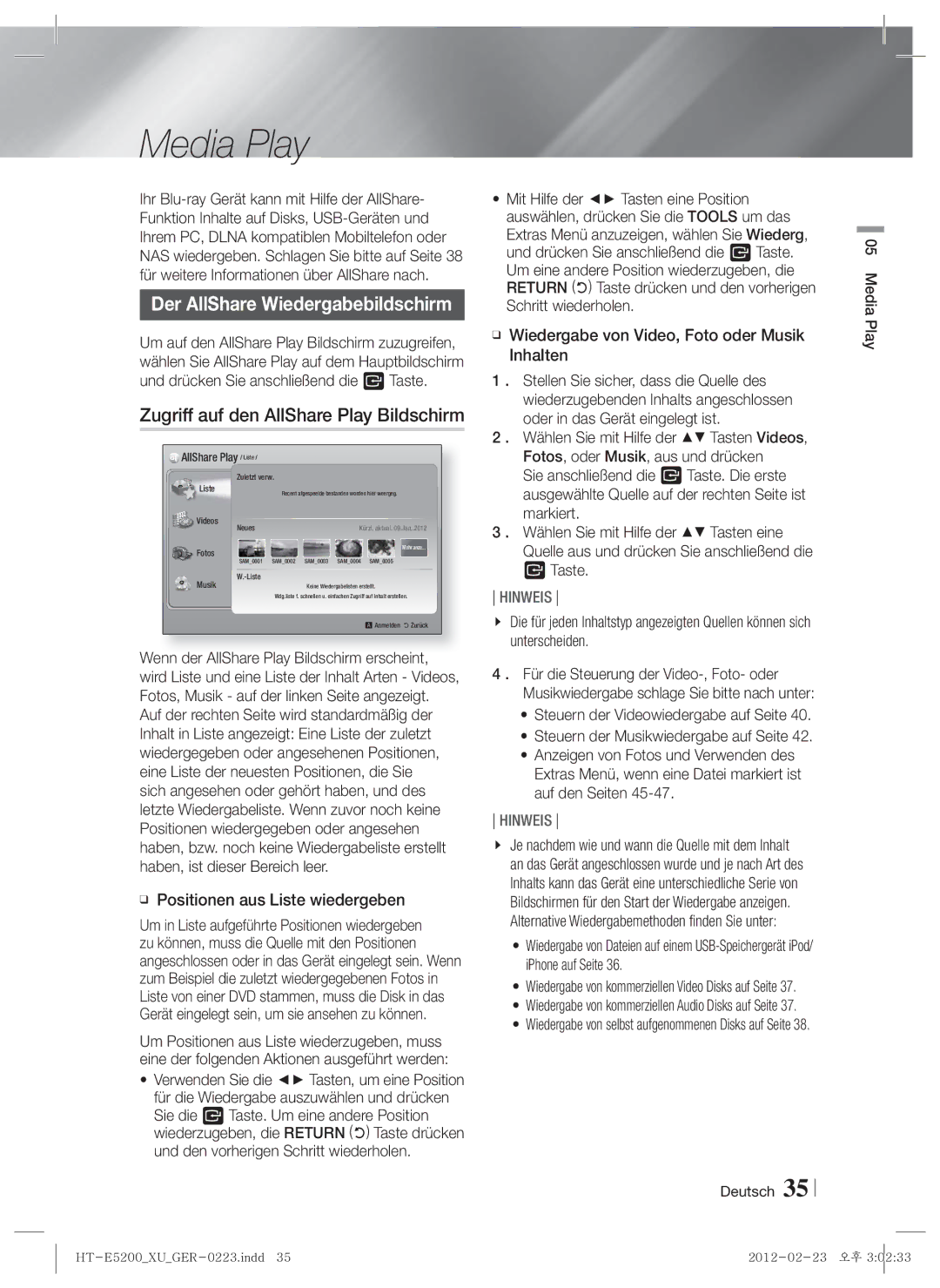 Samsung HT-E5200/EN, HT-E5200/XN manual Der AllShare Wiedergabebildschirm, Zugriff auf den AllShare Play Bildschirm, Taste 