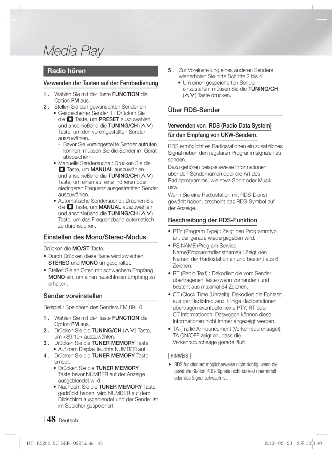 Samsung HT-E5200/ZF, HT-E5200/XN manual Radio hören, Einstellen des Mono/Stereo-Modus, Sender voreinstellen, Über RDS-Sender 