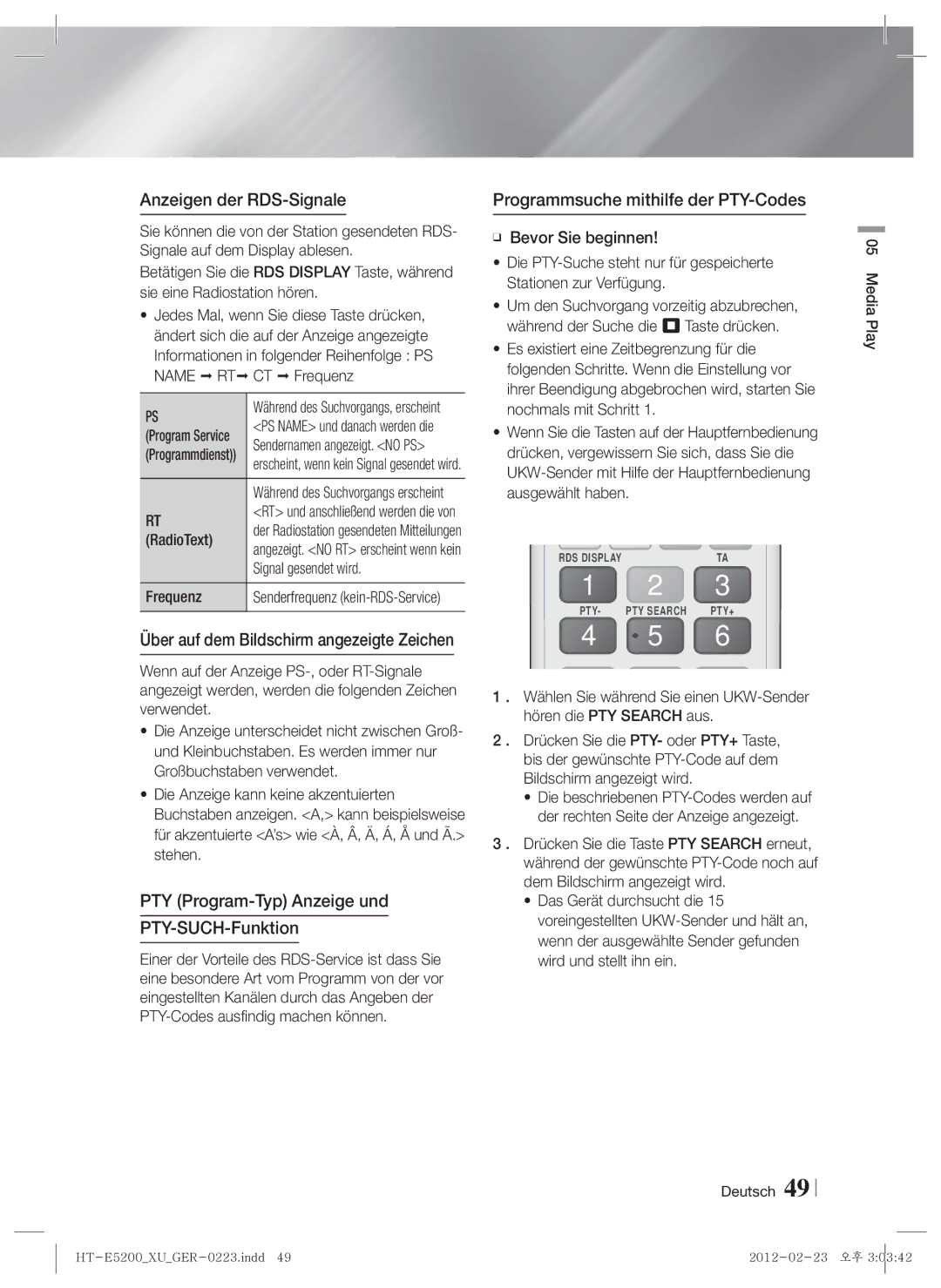 Samsung HT-E5200/XN, HT-E5200/EN, HT-E5200/ZF manual Anzeigen der RDS-Signale, PTY Program-Typ Anzeige und PTY-SUCH-Funktion 