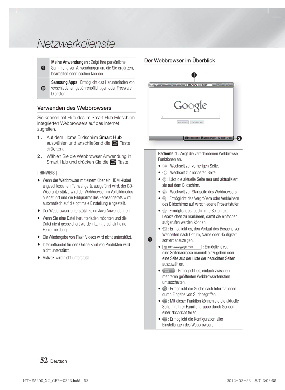 Samsung HT-E5200/XN, HT-E5200/EN manual Verwenden des Webbrowsers, Der Webbrowser im Überblick, Ermöglicht es, Auszuwählen 