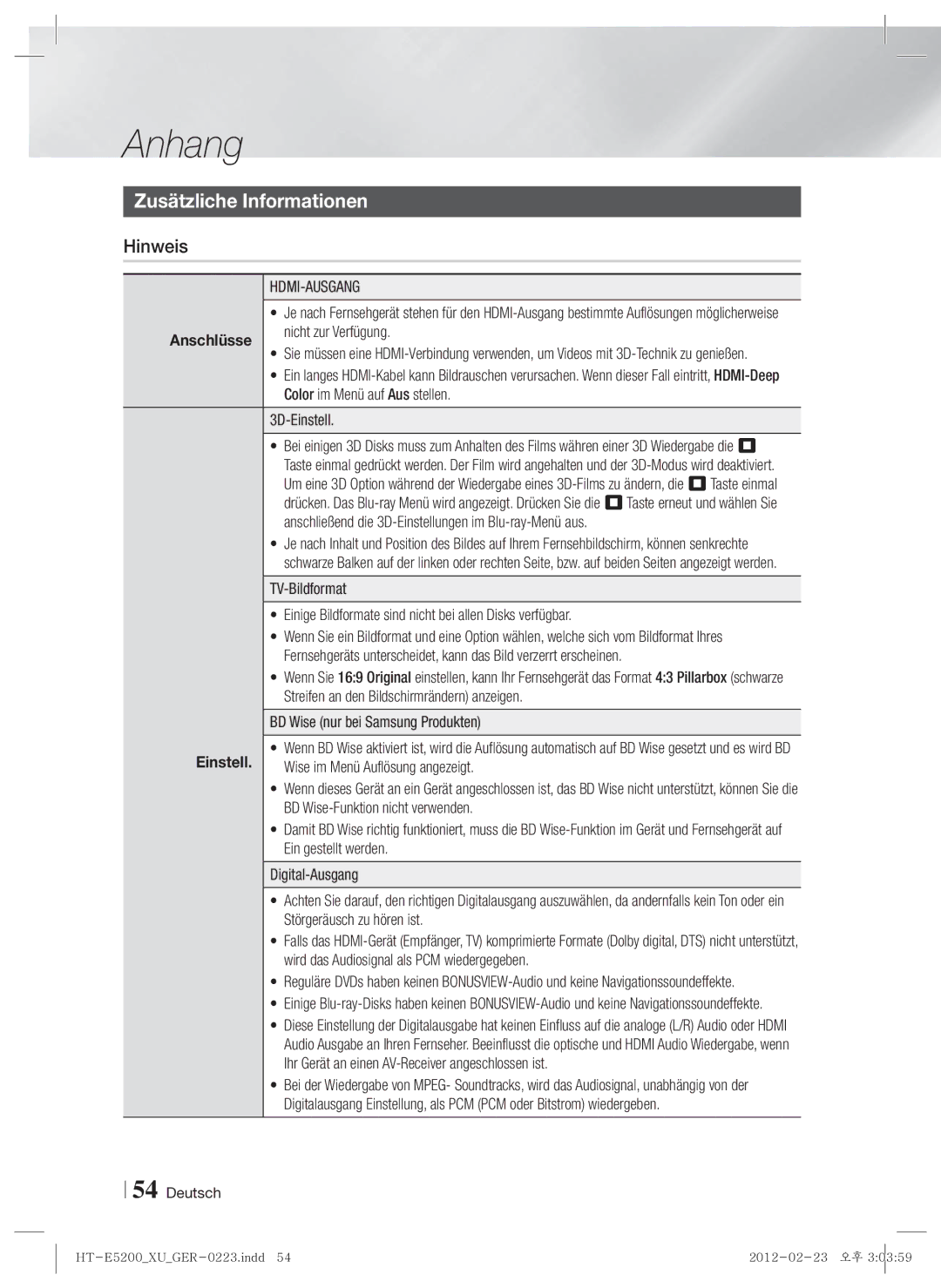 Samsung HT-E5200/ZF, HT-E5200/XN, HT-E5200/EN manual Anhang, Zusätzliche Informationen, Hinweis, Einstell 