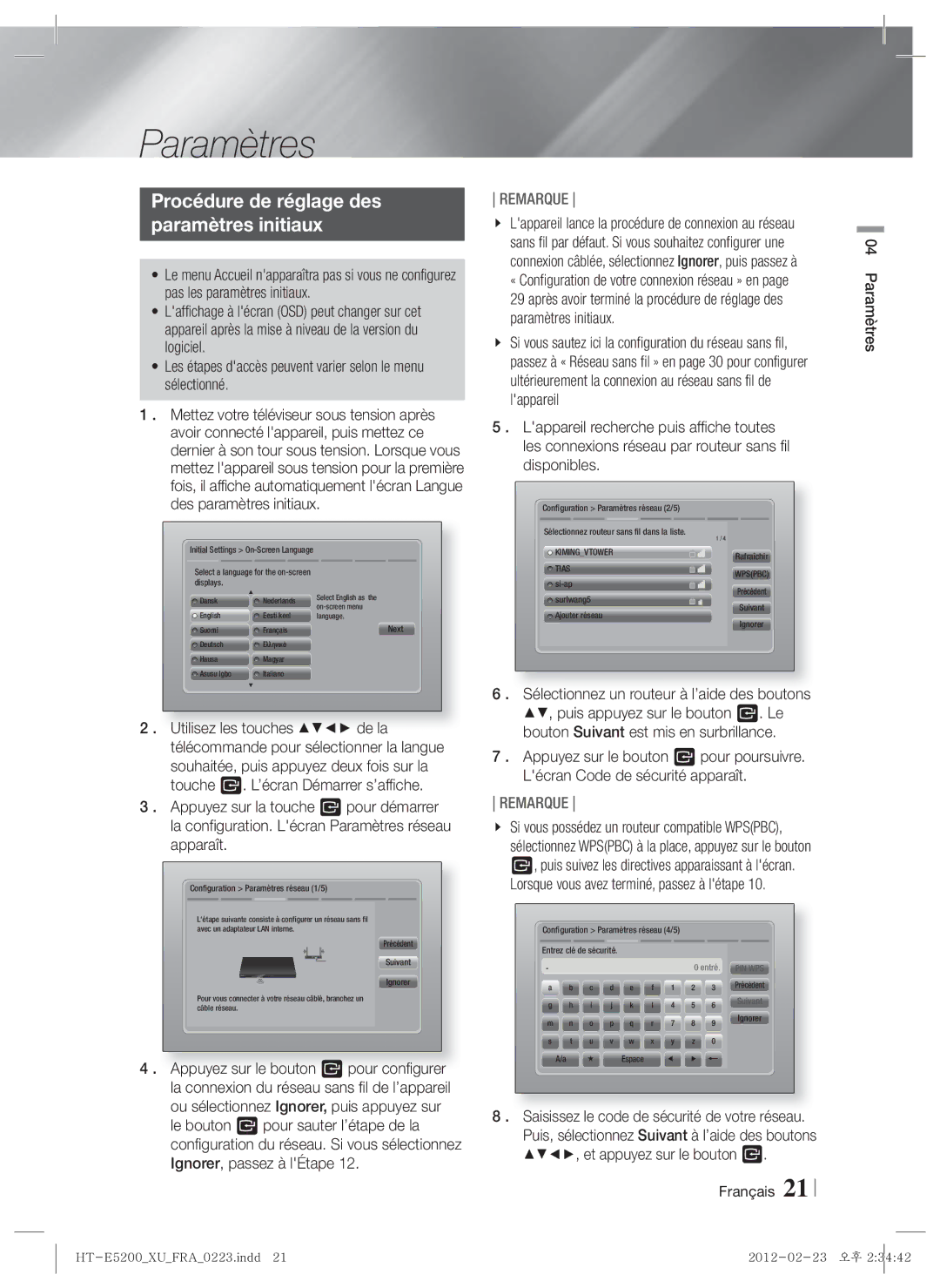 Samsung HT-E5200/XN, HT-E5200/EN, HT-E5200/ZF manual Procédure de réglage des Paramètres initiaux, Français Paramètres 