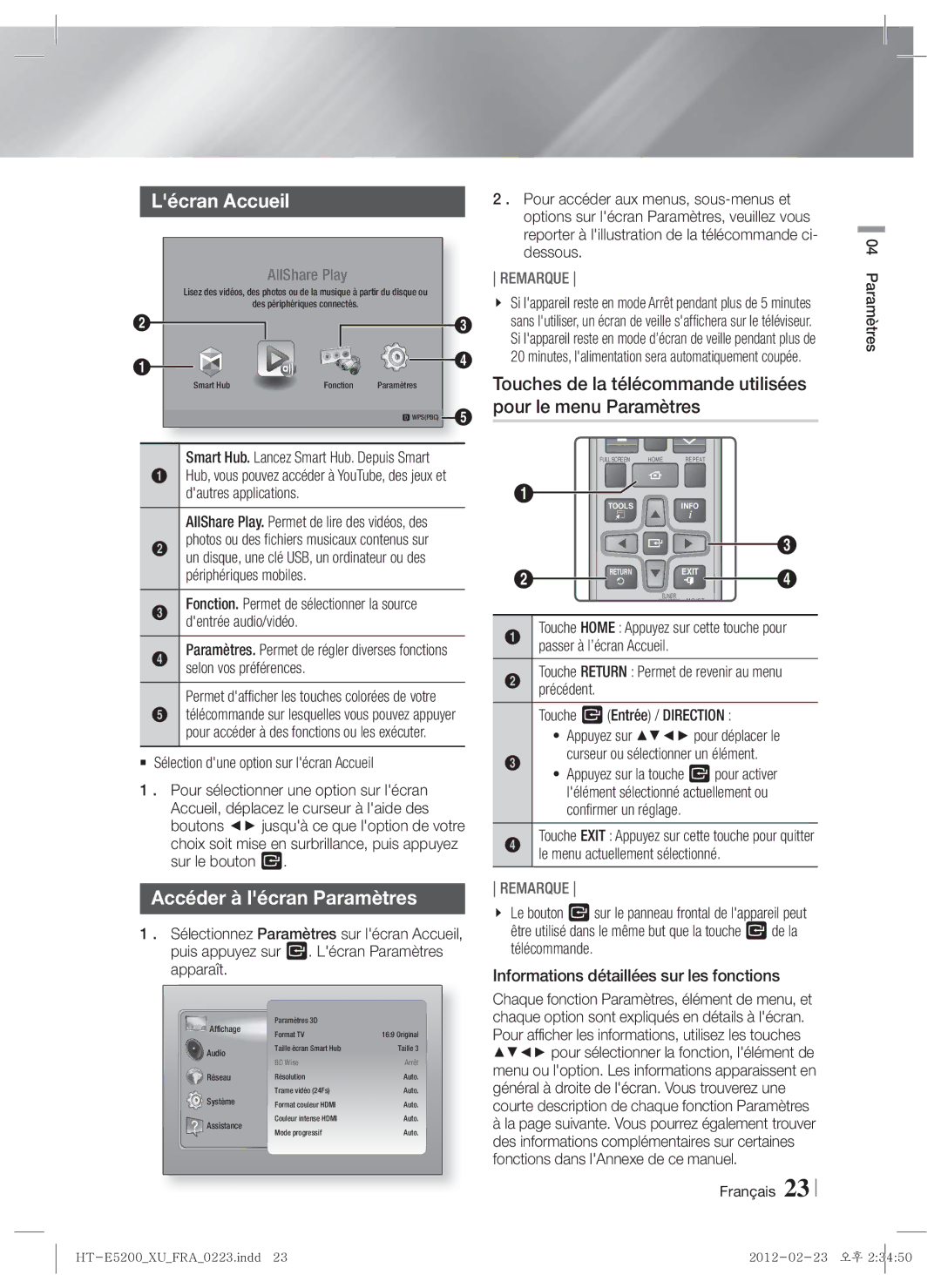 Samsung HT-E5200/ZF manual Lécran Accueil, Accéder à lécran Paramètres, AllShare Play. Permet de lire des vidéos, des 