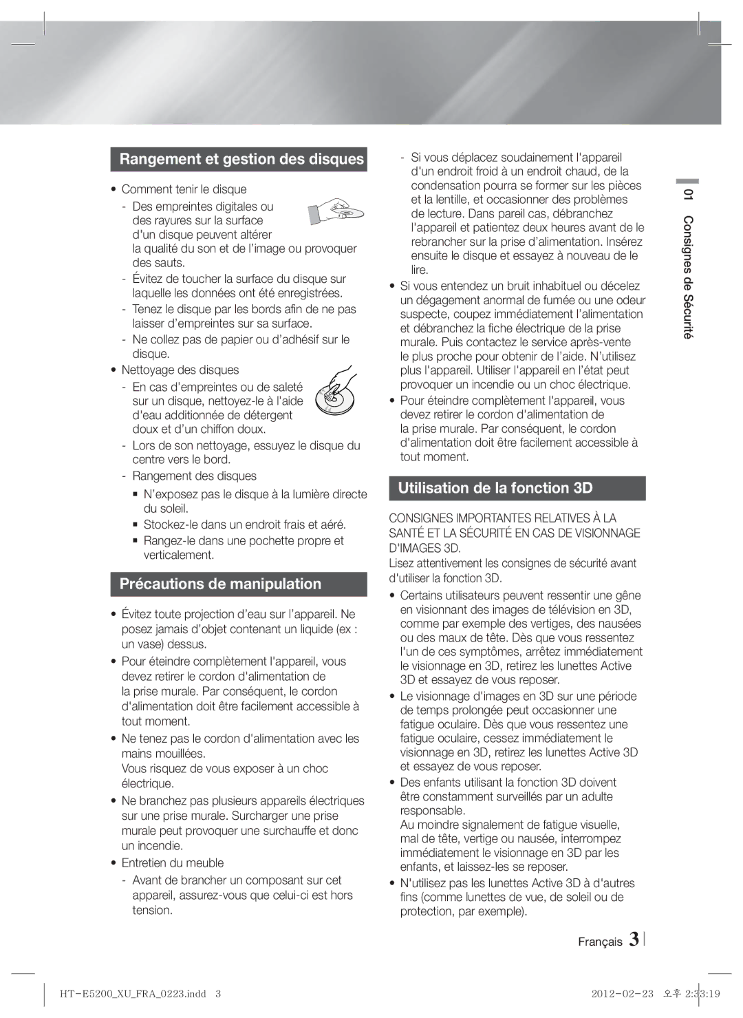 Samsung HT-E5200/XN manual Rangement et gestion des disques, Précautions de manipulation, Utilisation de la fonction 3D 