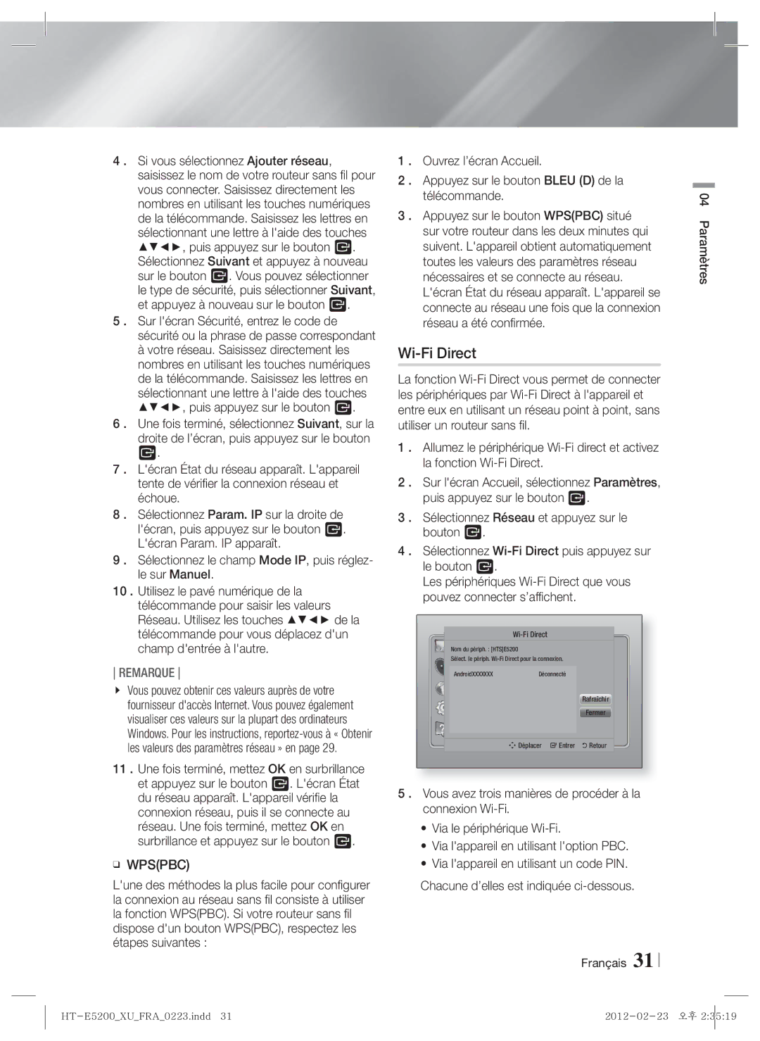 Samsung HT-E5200/EN, HT-E5200/XN, HT-E5200/ZF manual Wi-Fi Direct 