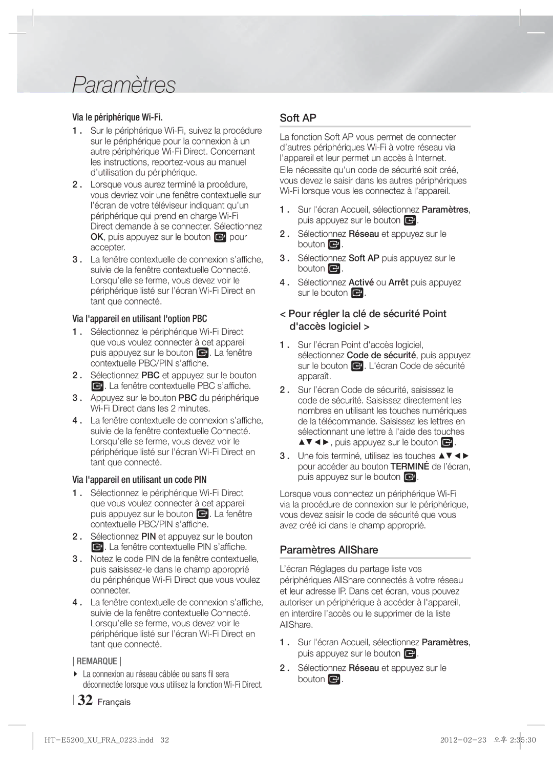 Samsung HT-E5200/ZF, HT-E5200/XN manual Soft AP, Paramètres AllShare, Pour régler la clé de sécurité Point daccès logiciel 