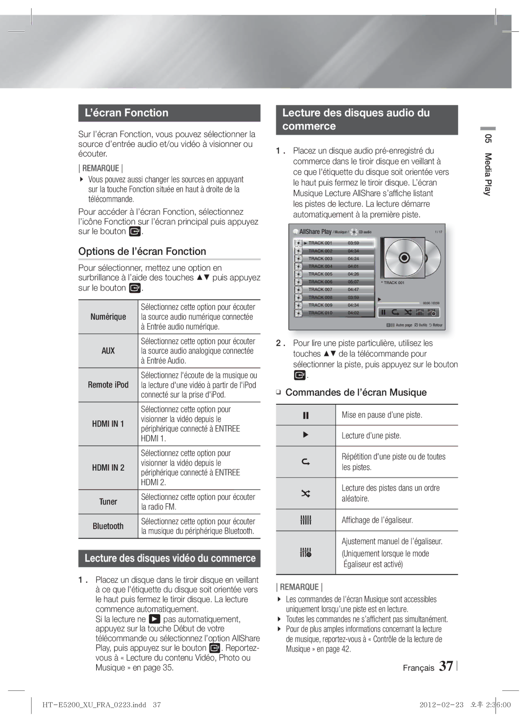 Samsung HT-E5200/EN Options de l’écran Fonction, Lecture des disques audio du Commerce, Commandes de l’écran Musique 