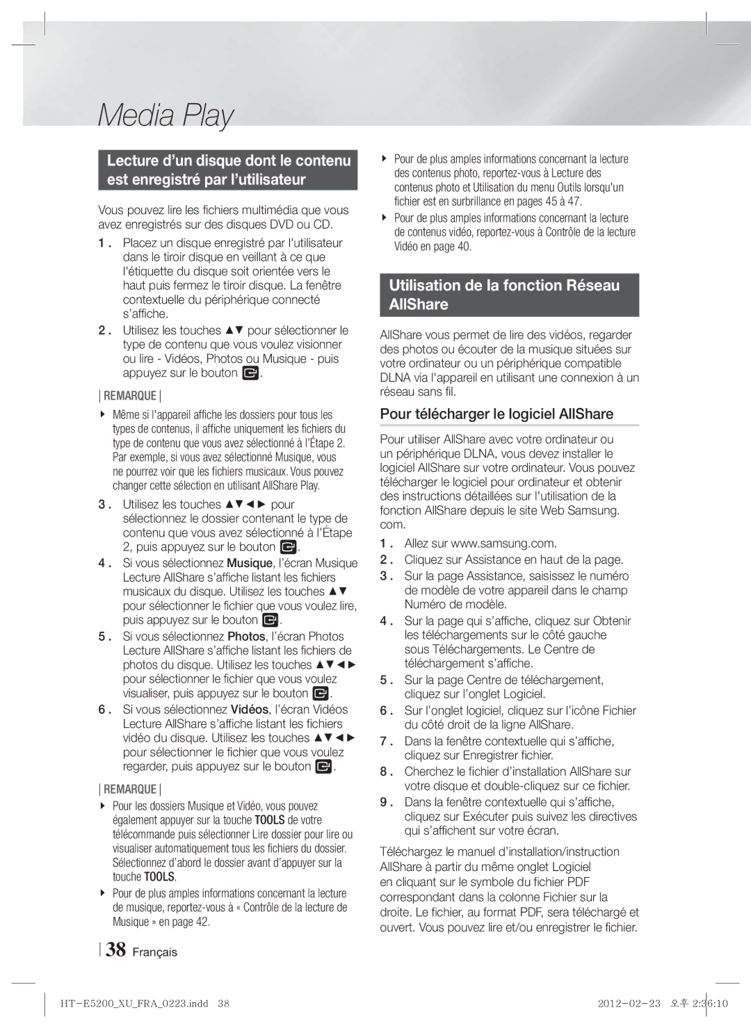 Samsung HT-E5200/ZF, HT-E5200/XN manual Utilisation de la fonction Réseau AllShare, Pour télécharger le logiciel AllShare 