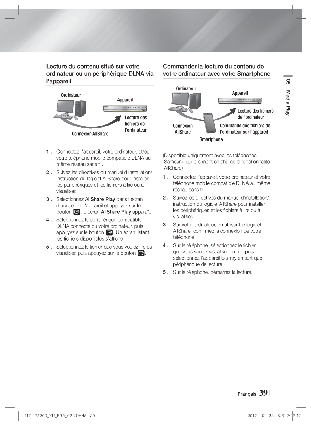 Samsung HT-E5200/XN, HT-E5200/EN, HT-E5200/ZF manual Ordinateur Appareil, De l’ordinateur, Smartphone, Français Media Play 