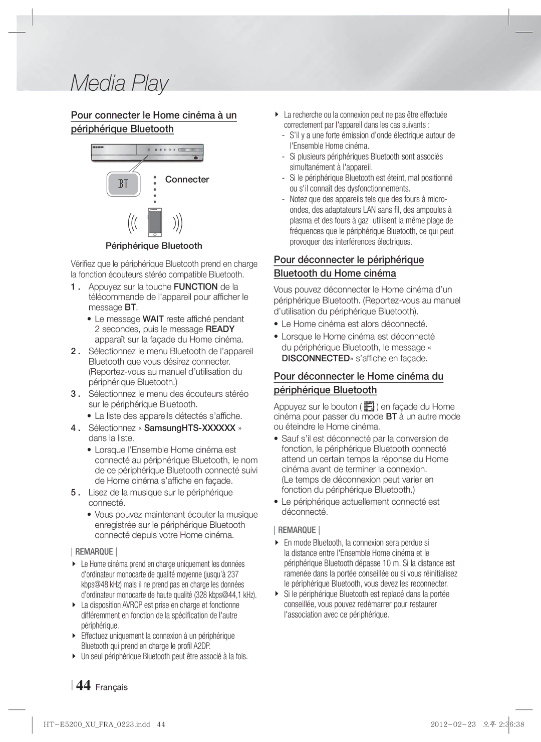 Samsung HT-E5200/ZF, HT-E5200/XN, HT-E5200/EN manual Pour connecter le Home cinéma à un périphérique Bluetooth 