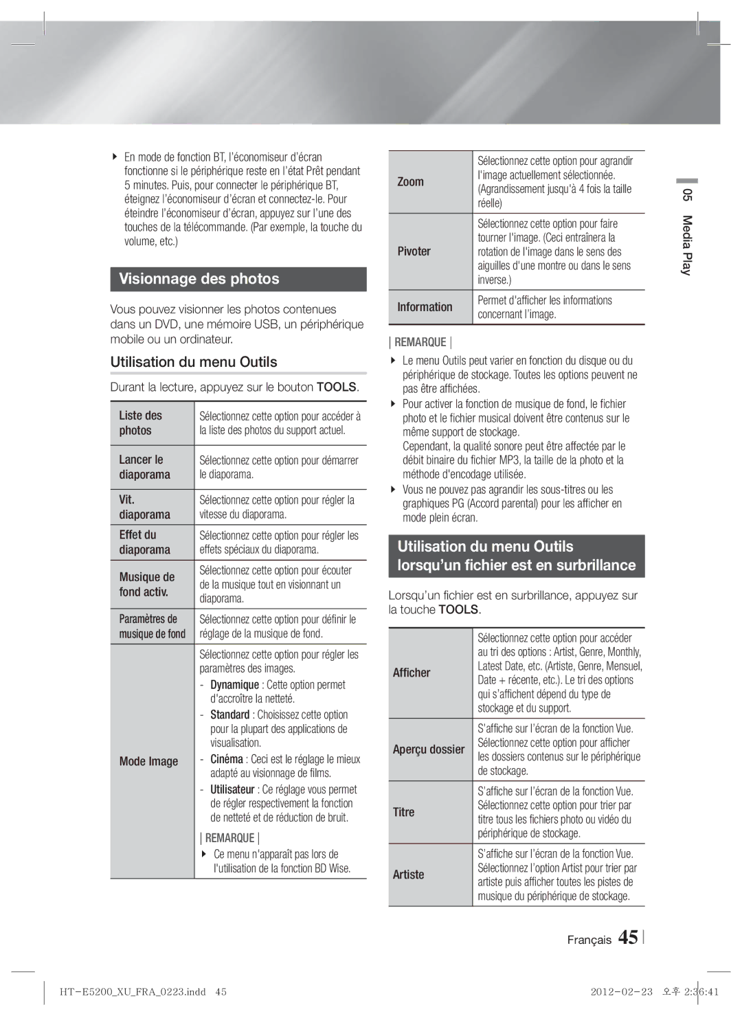 Samsung HT-E5200/XN, HT-E5200/EN, HT-E5200/ZF manual Visionnage des photos 