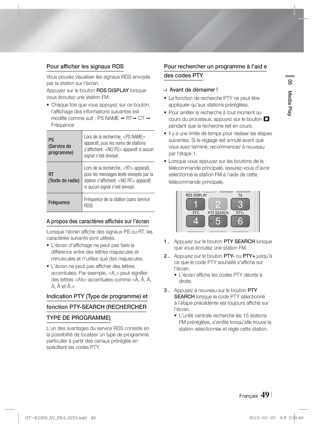 Samsung HT-E5200/EN, HT-E5200/XN manual Pour afficher les signaux RDS, Pour rechercher un programme à laid e Des codes PTY 