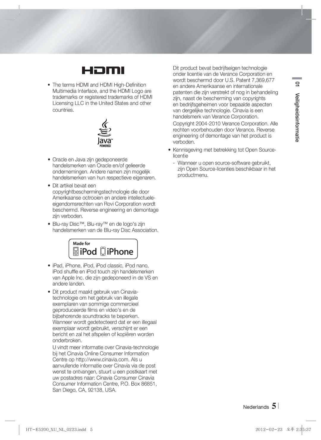 Samsung HT-E5200/XN, HT-E5200/EN, HT-E5200/ZF manual Nederlands Veiligheidsinformatie 