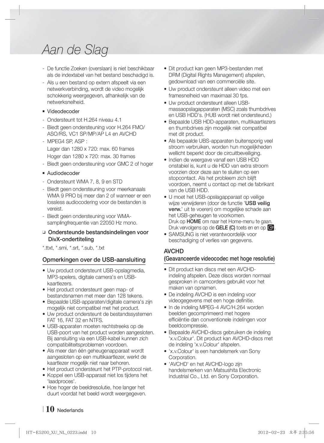 Samsung HT-E5200/ZF, HT-E5200/XN manual Opmerkingen over de USB-aansluiting, Geavanceerde videocodec met hoge resolutie 