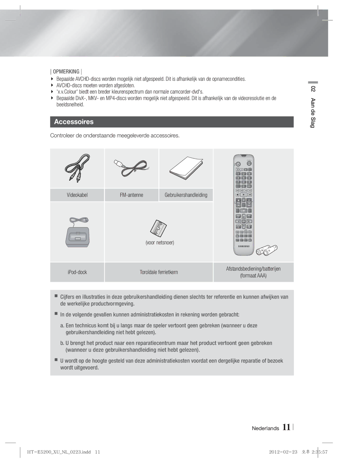 Samsung HT-E5200/XN, HT-E5200/EN Controleer de onderstaande meegeleverde accessoires, Gebruikershandleiding, Voor netsnoer 