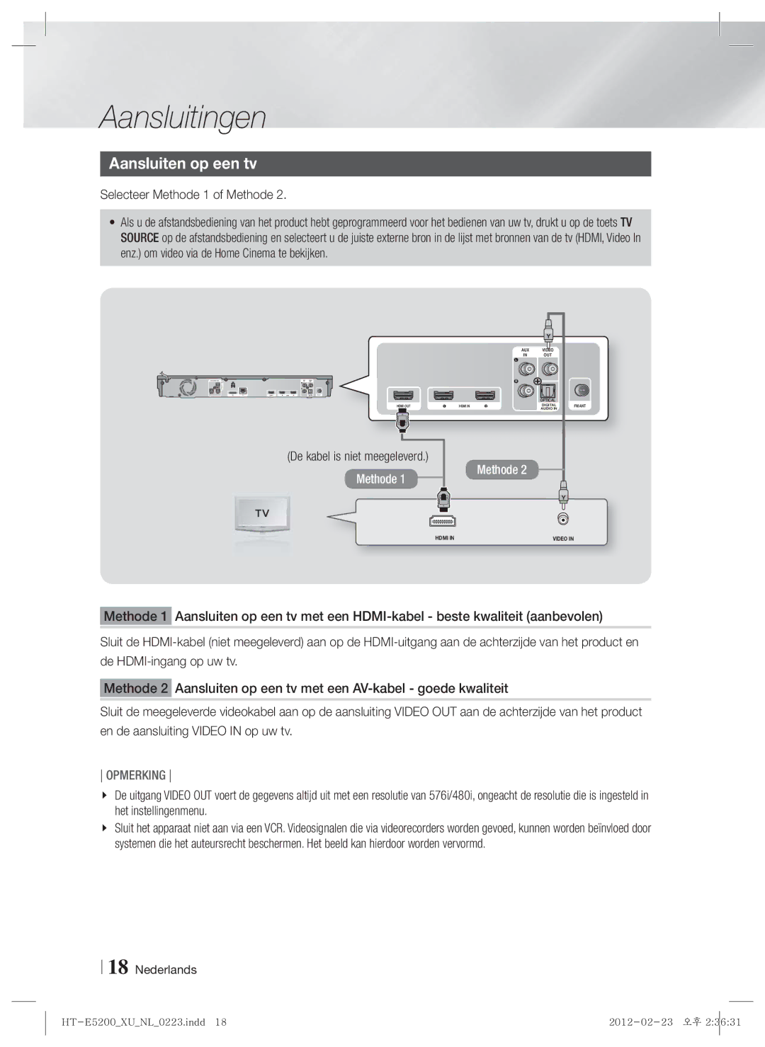 Samsung HT-E5200/EN, HT-E5200/XN manual Aansluiten op een tv, Selecteer Methode 1 of Methode, De kabel is niet meegeleverd 