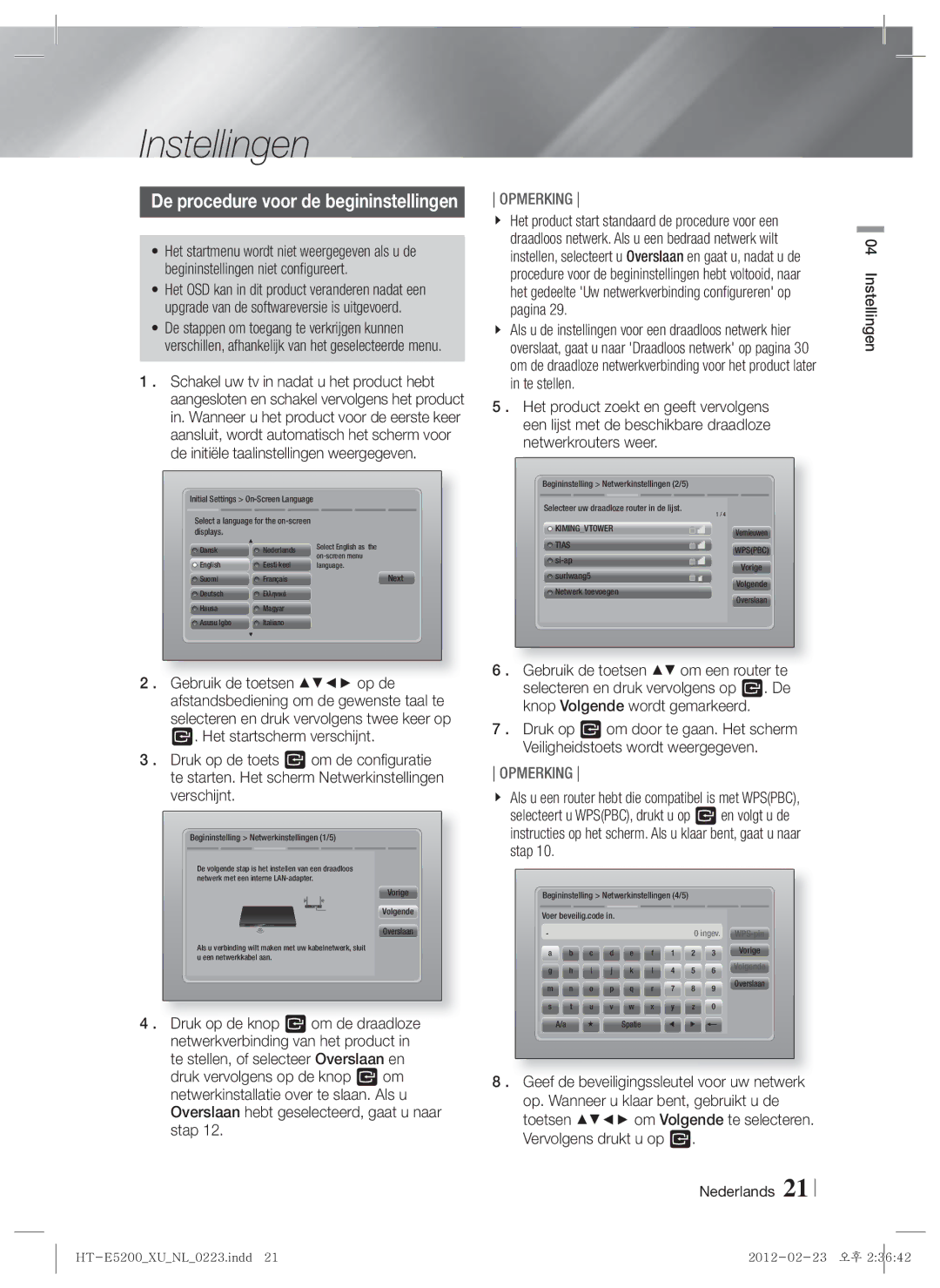 Samsung HT-E5200/EN, HT-E5200/XN, HT-E5200/ZF manual Instellingen, De procedure voor de begininstellingen 