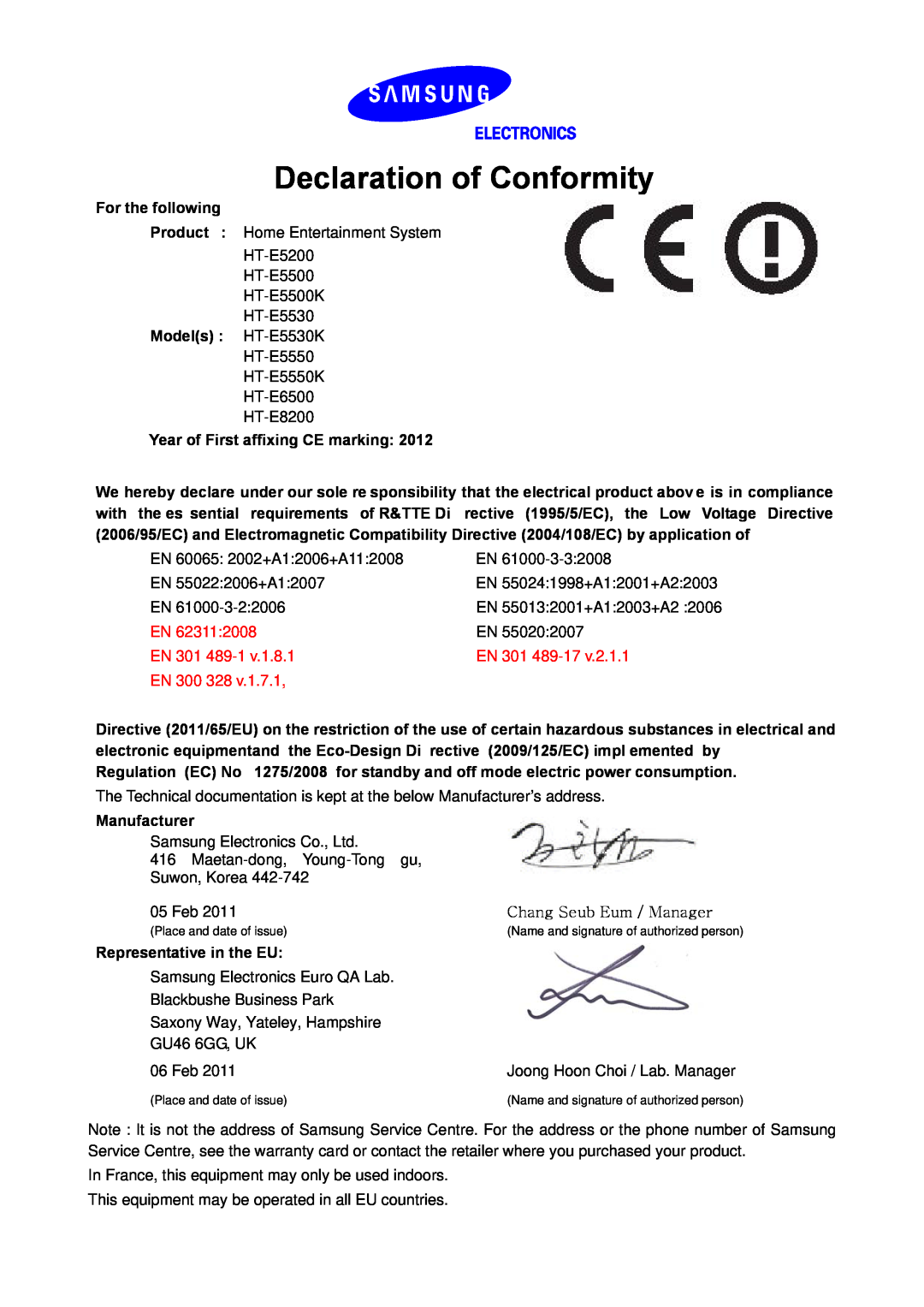 Samsung HT-E5200/EN, HT-E5200/XN, HT-E5500/XN, HT-E8200/XN manual Declaration of Conformity, EN 301 489-17, EN 300 328 