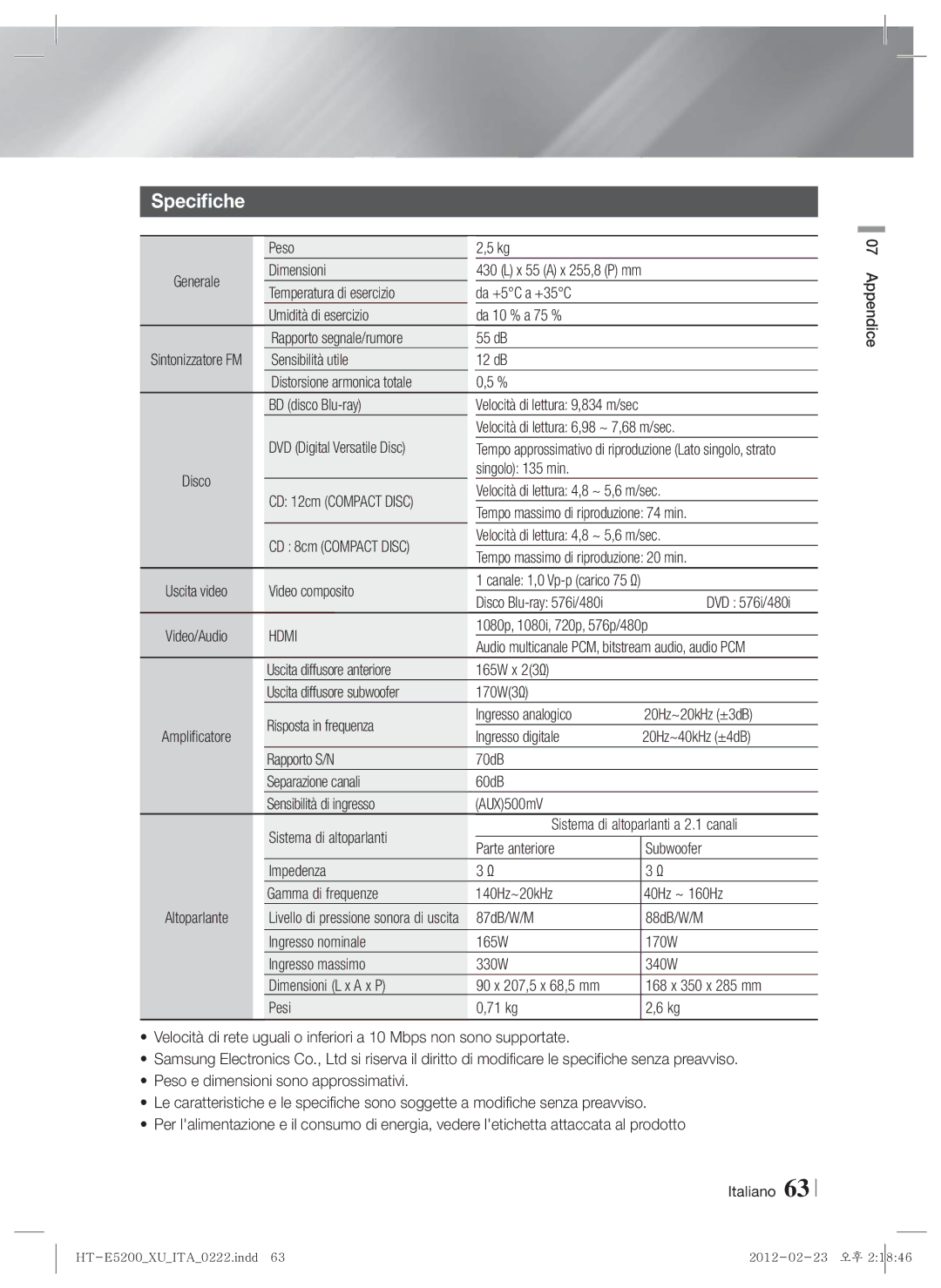 Samsung HT-E5200/ZF manual Specifiche, Peso, Video composito, DVD 576i/480i 