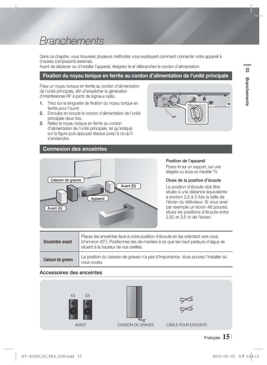 Samsung HT-E5200/ZF manual Branchements, Connexion des enceintes, Accessoires des enceintes 