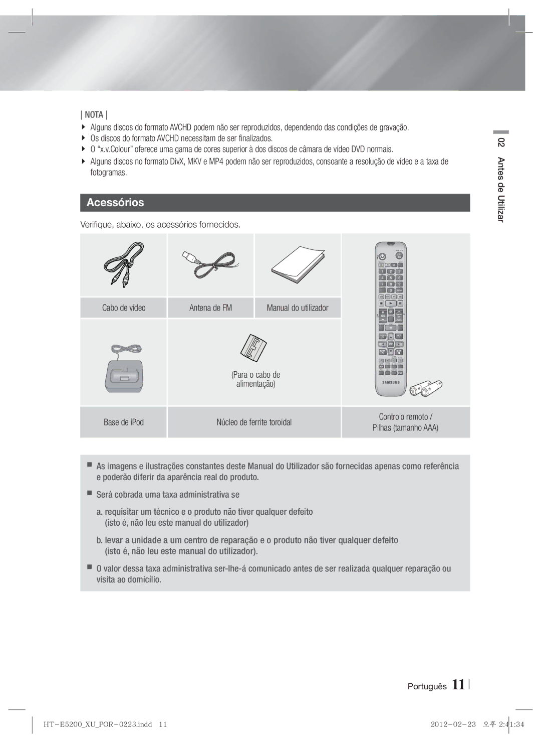 Samsung HT-E5200/ZF manual Acessórios, Verifique, abaixo, os acessórios fornecidos, Manual do utilizador 