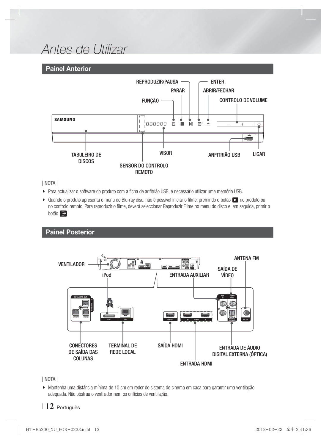 Samsung HT-E5200/ZF manual Painel Anterior, Painel Posterior 