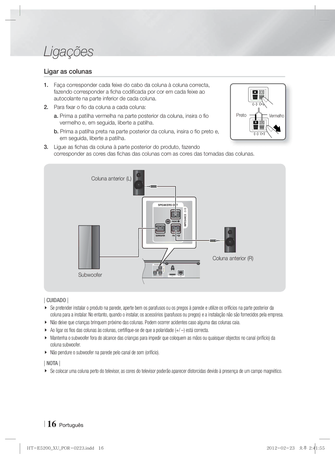 Samsung HT-E5200/ZF manual Ligar as colunas, Coluna anterior L, Coluna anterior R, Subwoofer, Vermelho 