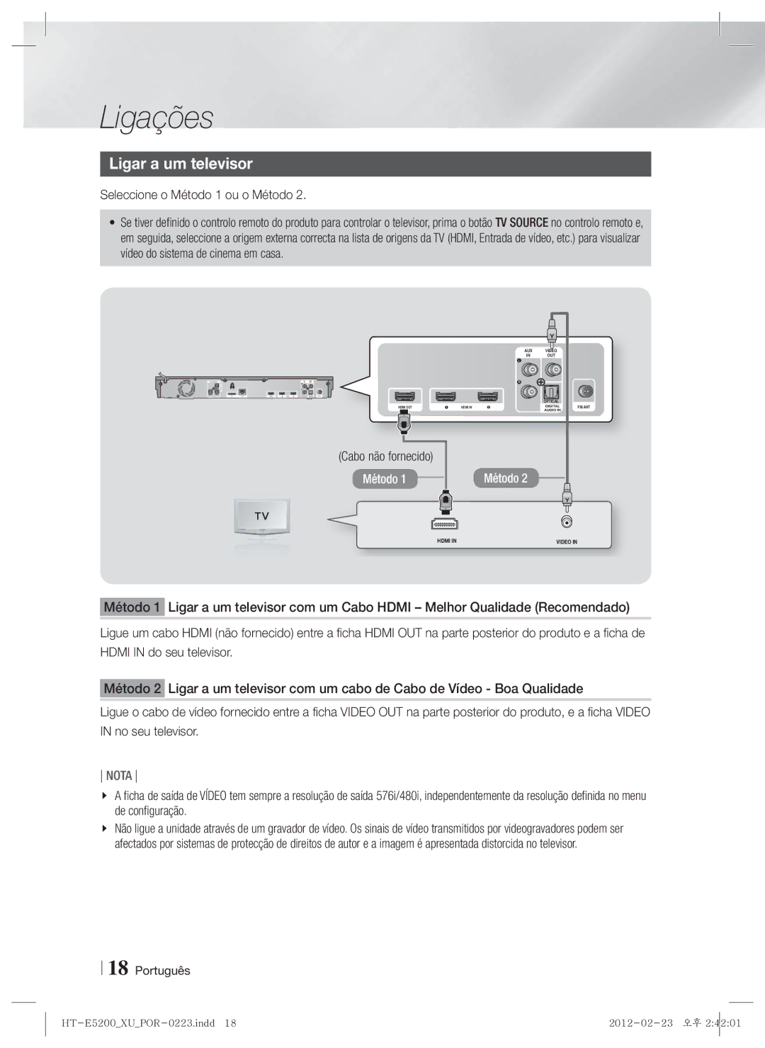 Samsung HT-E5200/ZF manual Ligar a um televisor, Seleccione o Método 1 ou o Método, Cabo não fornecido 