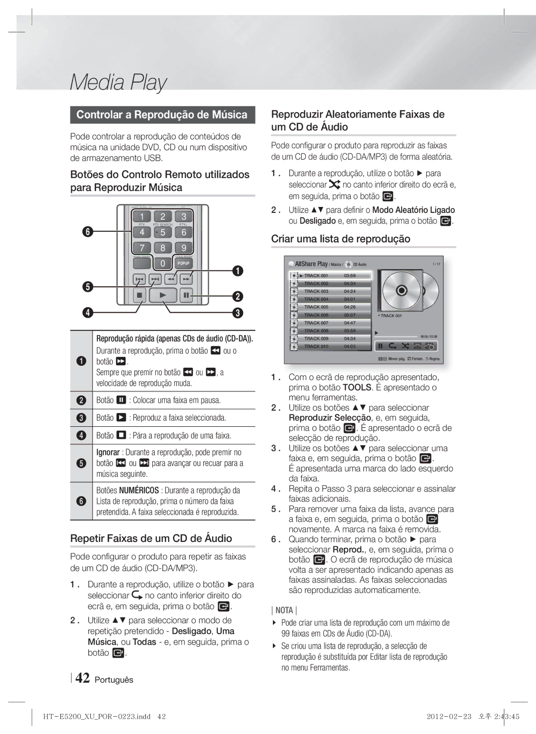 Samsung HT-E5200/ZF manual Controlar a Reprodução de Música, Botões do Controlo Remoto utilizados para Reproduzir Música 