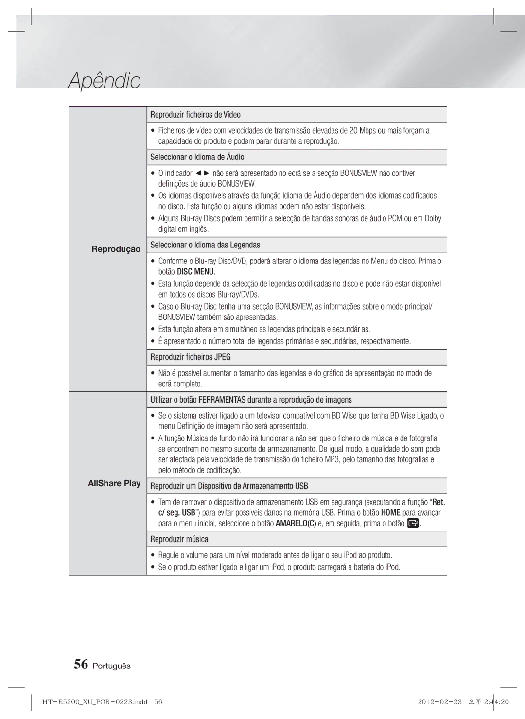 Samsung HT-E5200/ZF manual Reprodução 