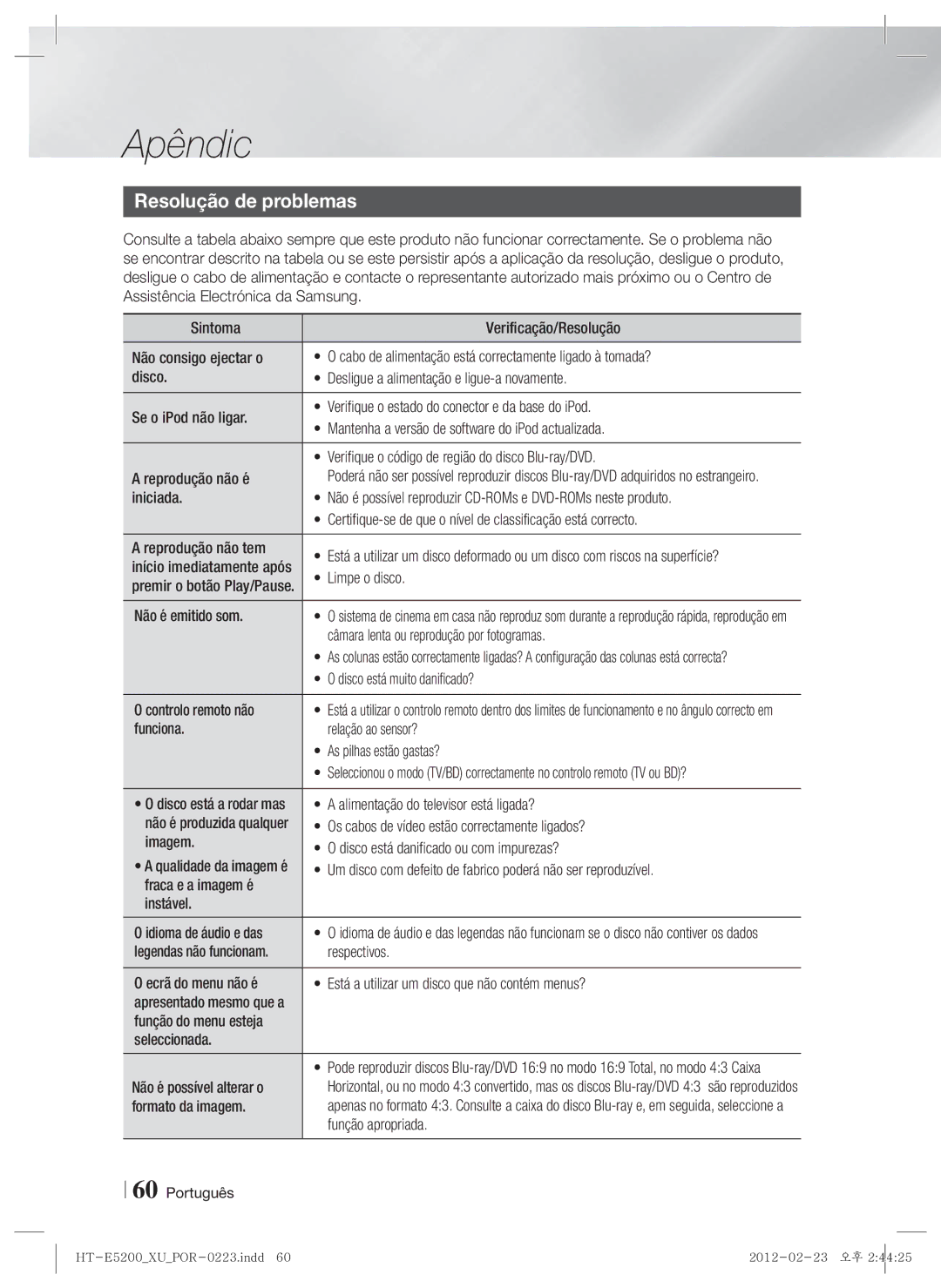 Samsung HT-E5200/ZF manual Resolução de problemas 