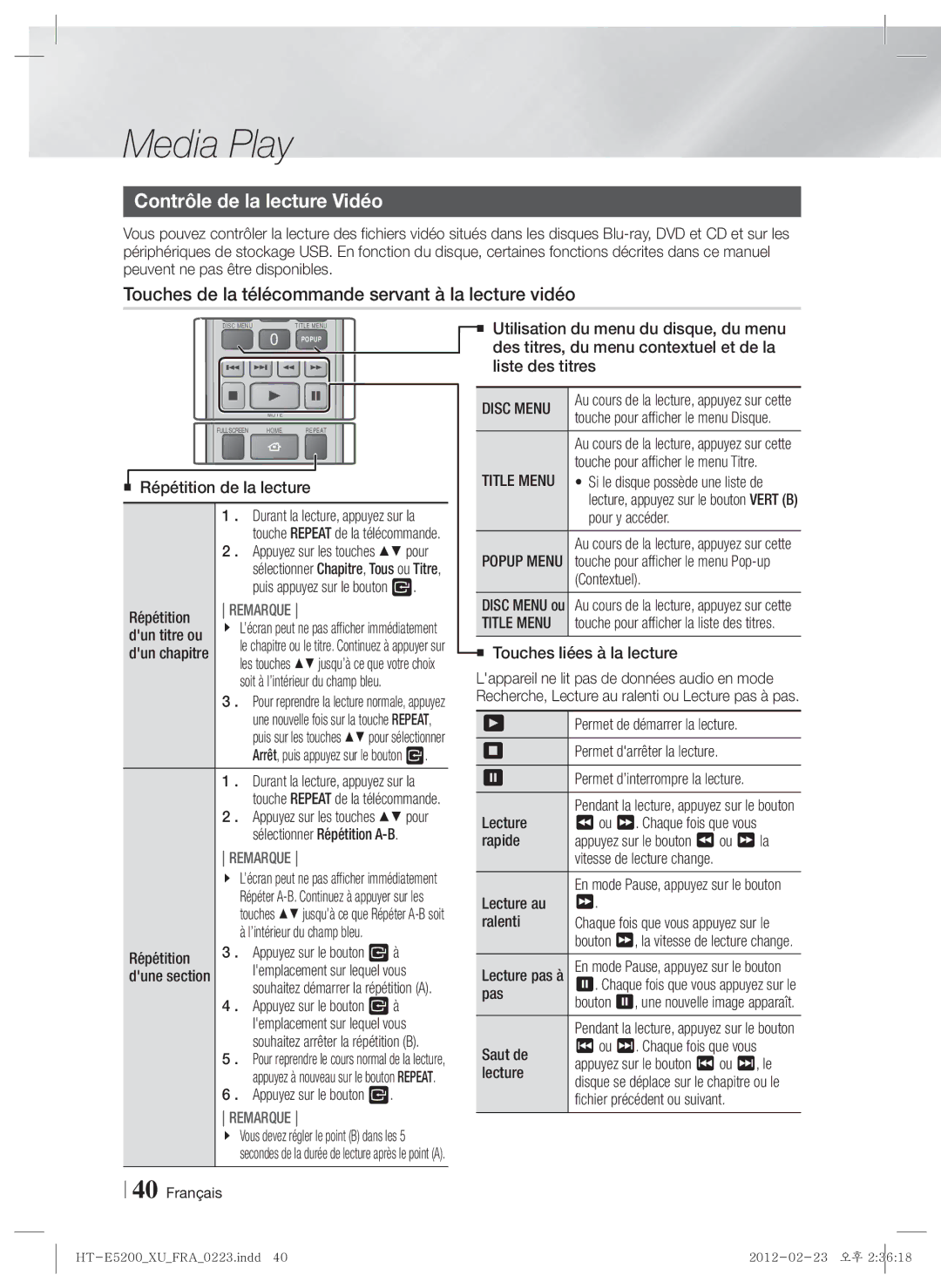 Samsung HT-E5200/ZF manual Contrôle de la lecture Vidéo, Touches de la télécommande servant à la lecture vidéo, Disc Menu 