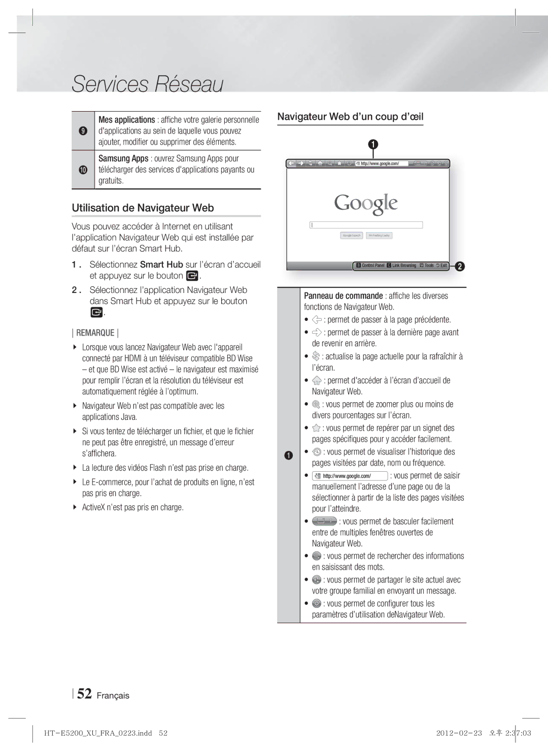 Samsung HT-E5200/ZF Utilisation de Navigateur Web, Navigateur Web d’un coup d’œil, Samsung Apps ouvrez Samsung Apps pour 