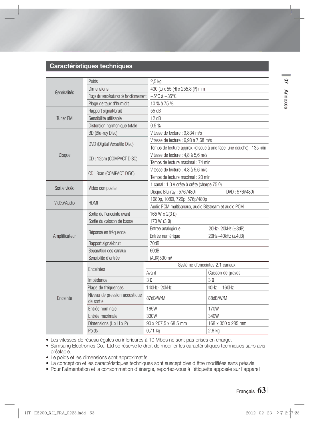 Samsung HT-E5200/ZF manual Caractéristiques techniques 