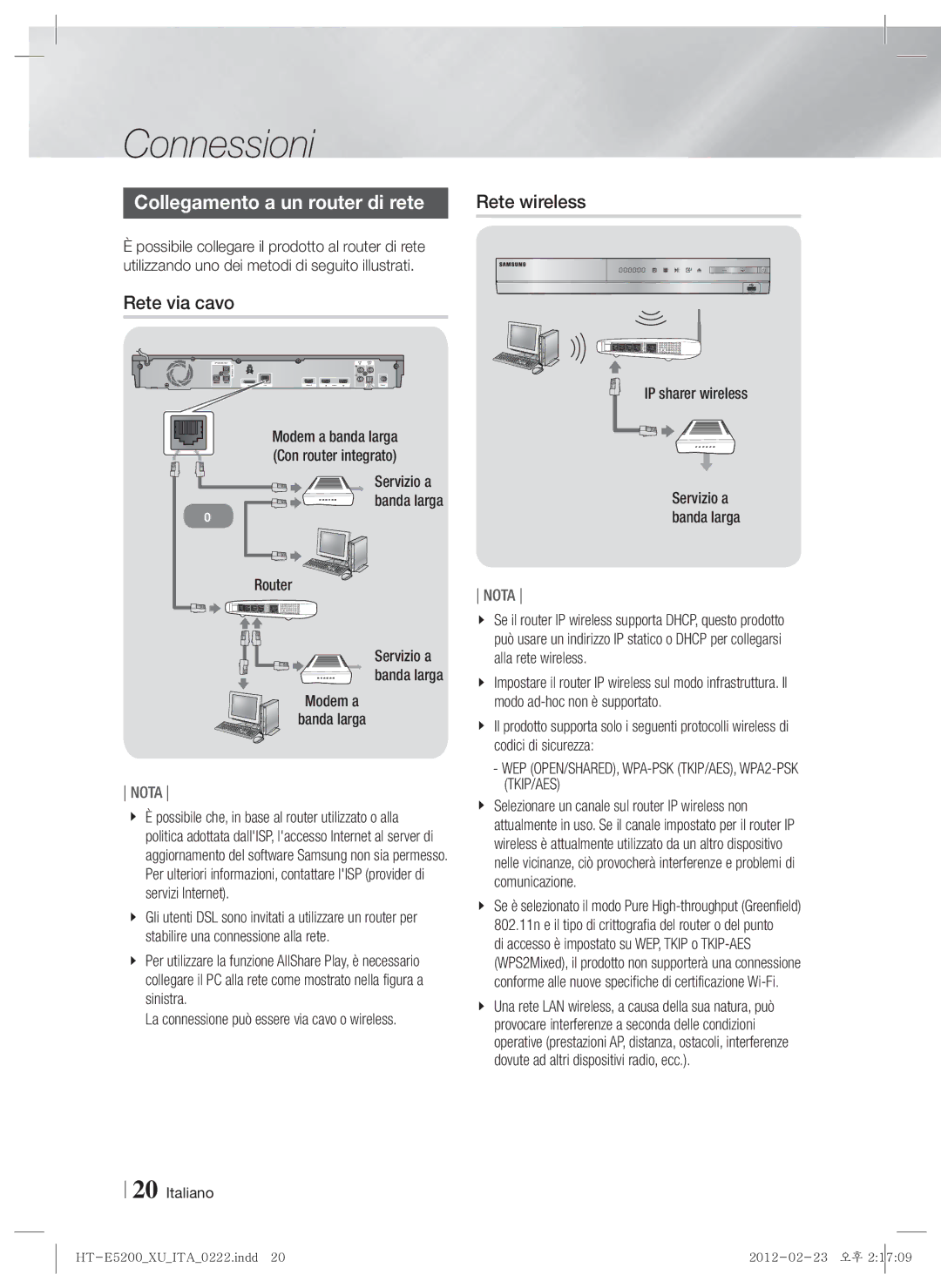 Samsung HT-E5200/ZF manual Collegamento a un router di rete, Rete via cavo, IP sharer wireless, Router, Modem a Banda larga 