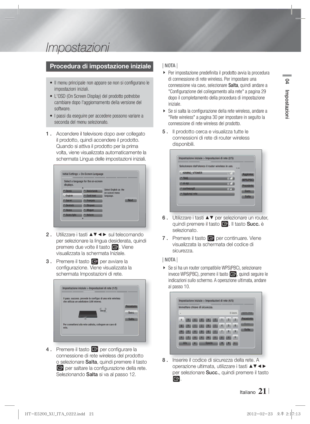 Samsung HT-E5200/ZF manual Procedura di impostazione iniziale, Italiano Impostazioni 