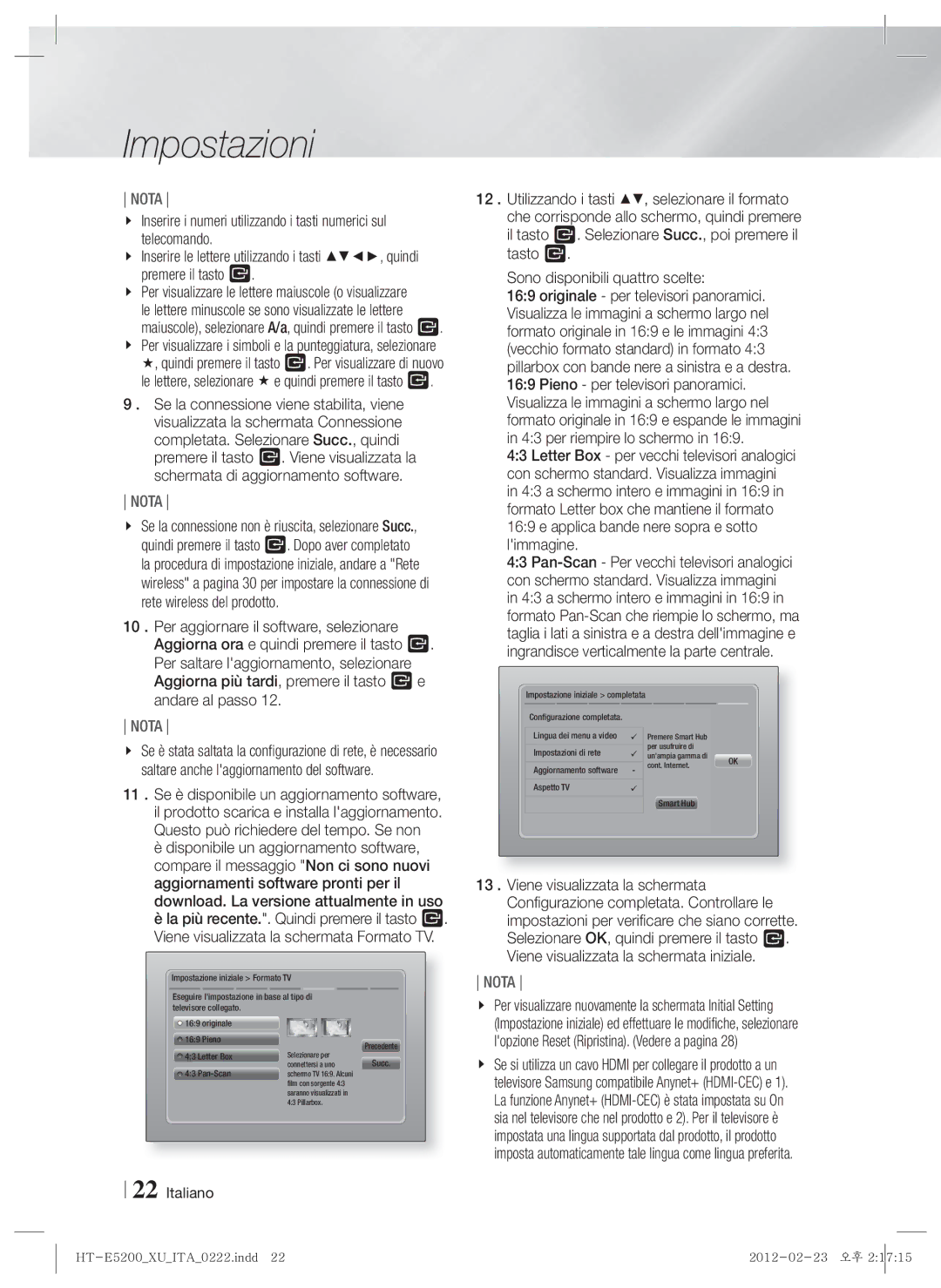 Samsung HT-E5200/ZF manual Lingua dei menu a video Impostazioni di rete 