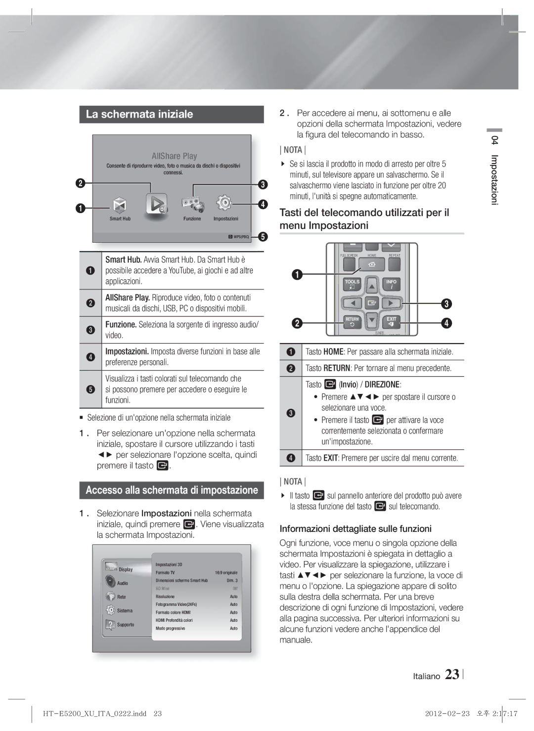 Samsung HT-E5200/ZF manual La schermata iniziale, Tasti del telecomando utilizzati per il menu Impostazioni 