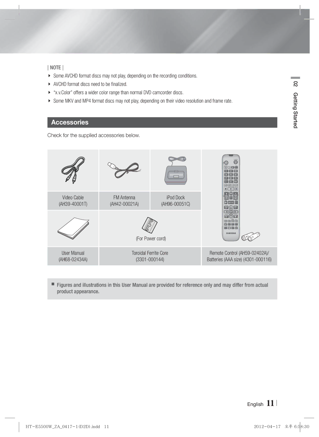 Samsung HT-E550 Accessories, Check for the supplied accessories below, For Power cord Toroidal Ferrite Core, 3301-000144 