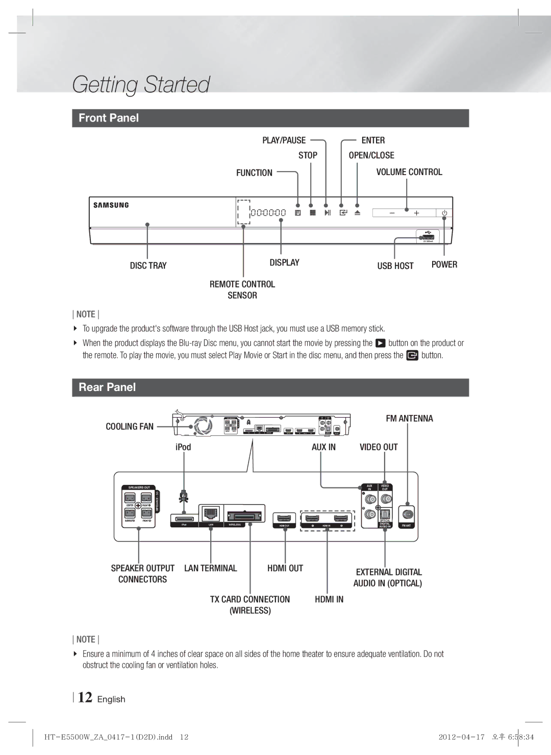 Samsung HT-E550 user manual Front Panel, Rear Panel, IPod 