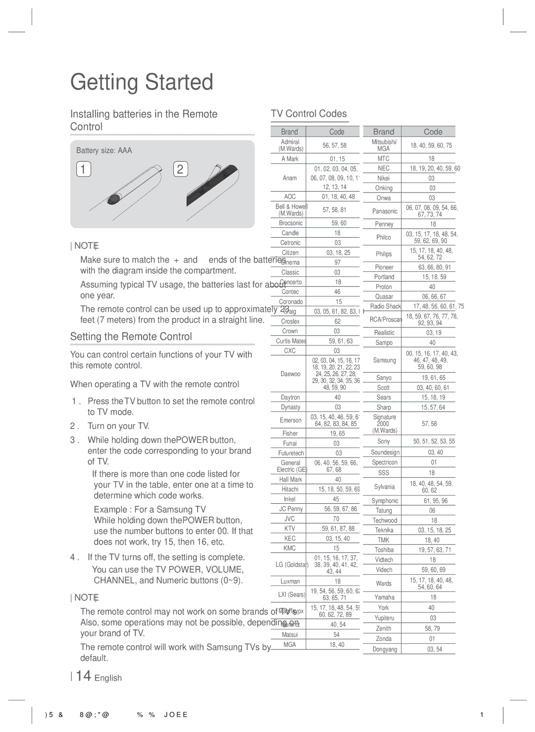 Samsung HT-E550 user manual Installing batteries in the Remote Control, Setting the Remote Control, TV Control Codes 