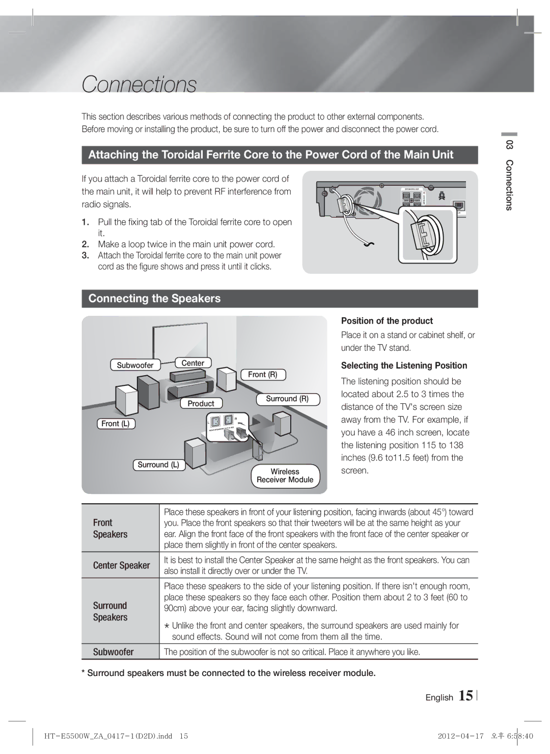 Samsung HT-E550 user manual Connections, Connecting the Speakers, Position of the product 