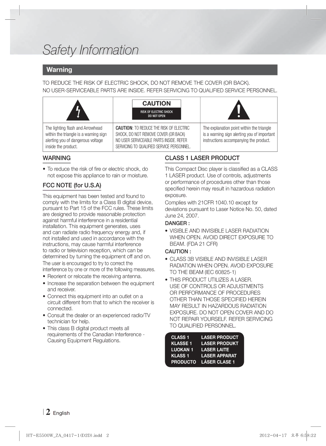 Samsung HT-E550 user manual Safety Information, FCC Note for U.S.A 