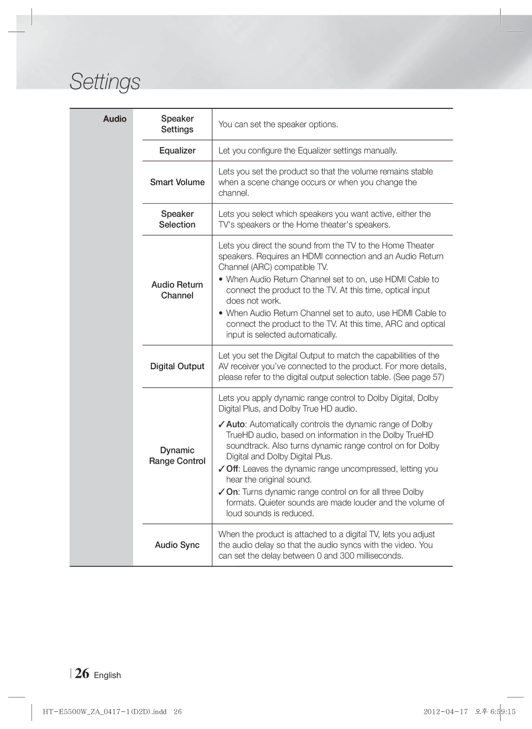 Samsung HT-E550 user manual Audio 