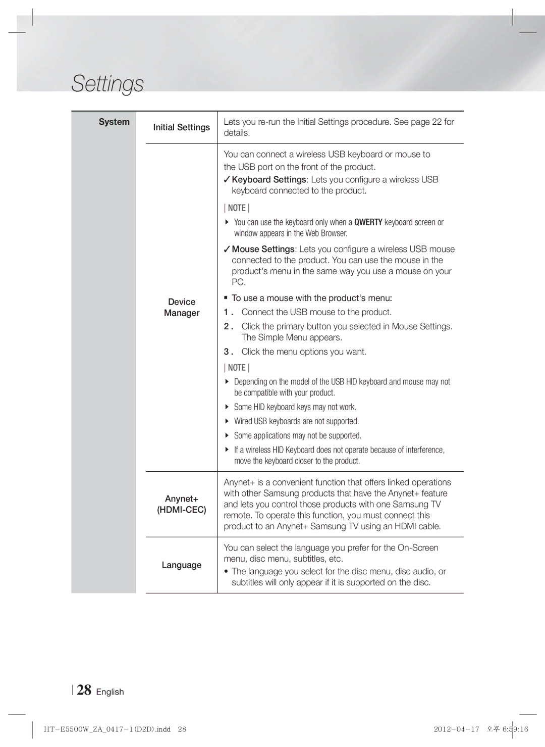 Samsung HT-E550 user manual System, Hdmi-Cec 