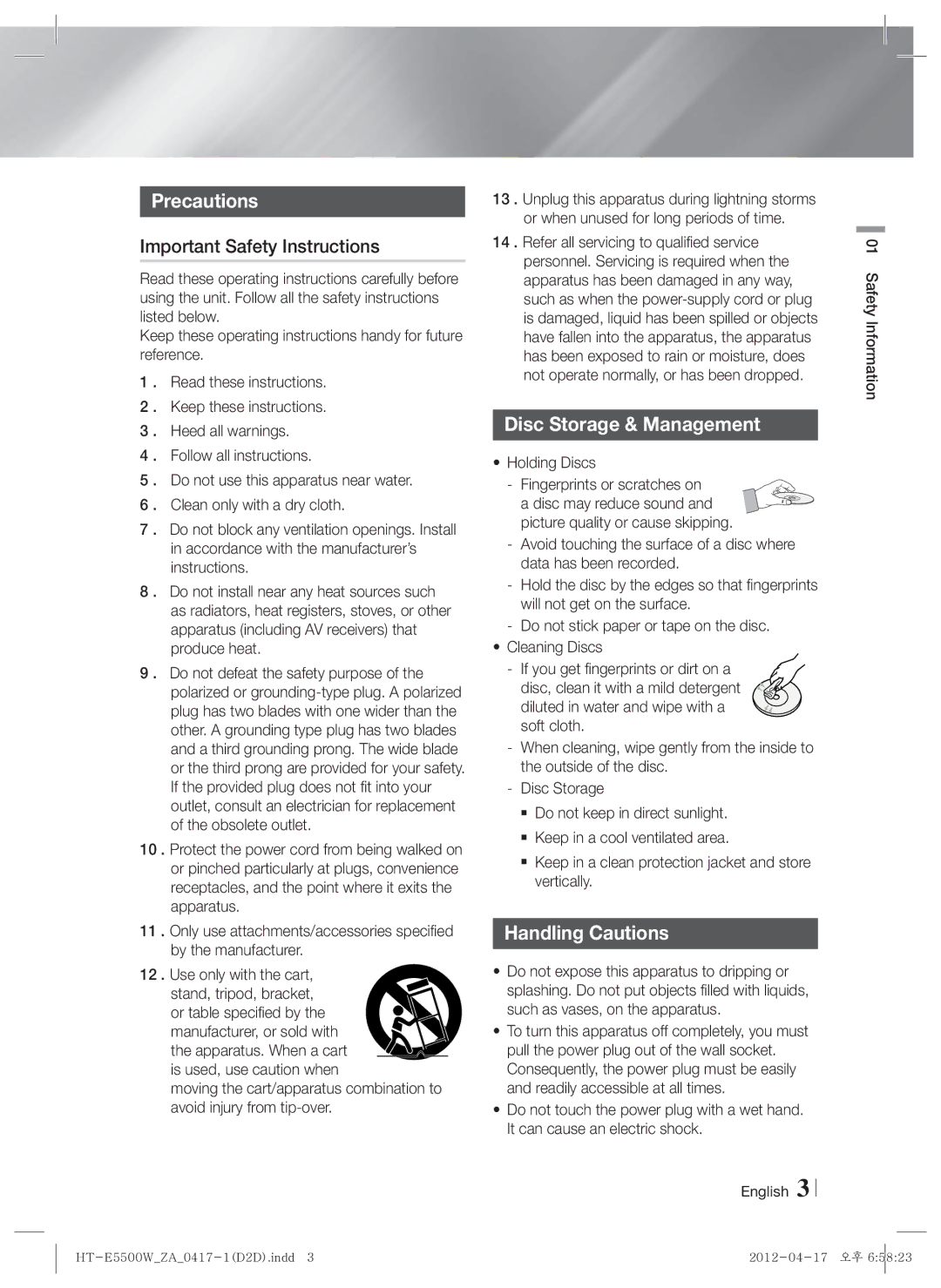 Samsung HT-E550 Precautions, Important Safety Instructions, Disc Storage & Management, Handling Cautions, Holding Discs 